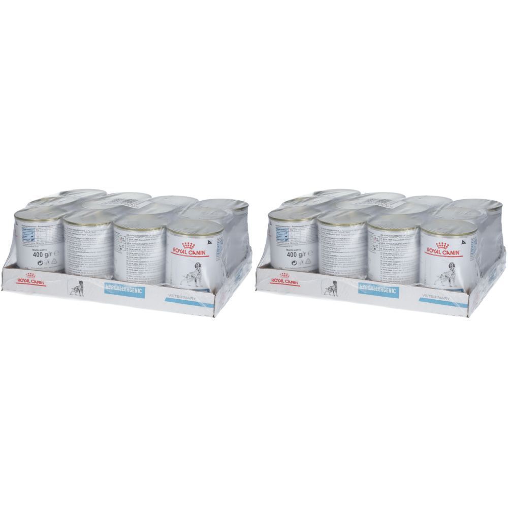 Twee pallets met blikken. Op elke pallet zitten blikken verpakt in folie. ROYAL CANIN en Hypoallergenic zijn zichtbaar.