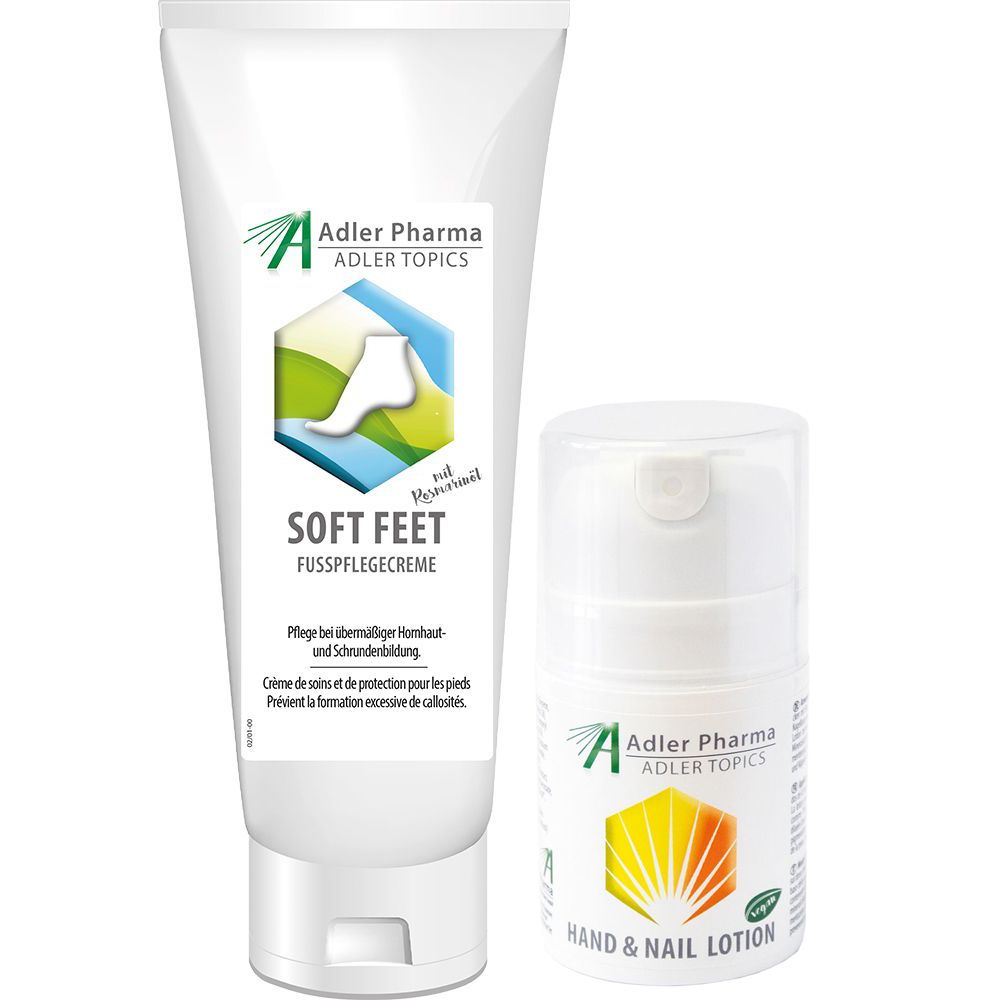 Twee witte flessen. Links: Soft Feet voetcrème. Rechts: Hand & Nail Lotion. Beide met logo en tekst.