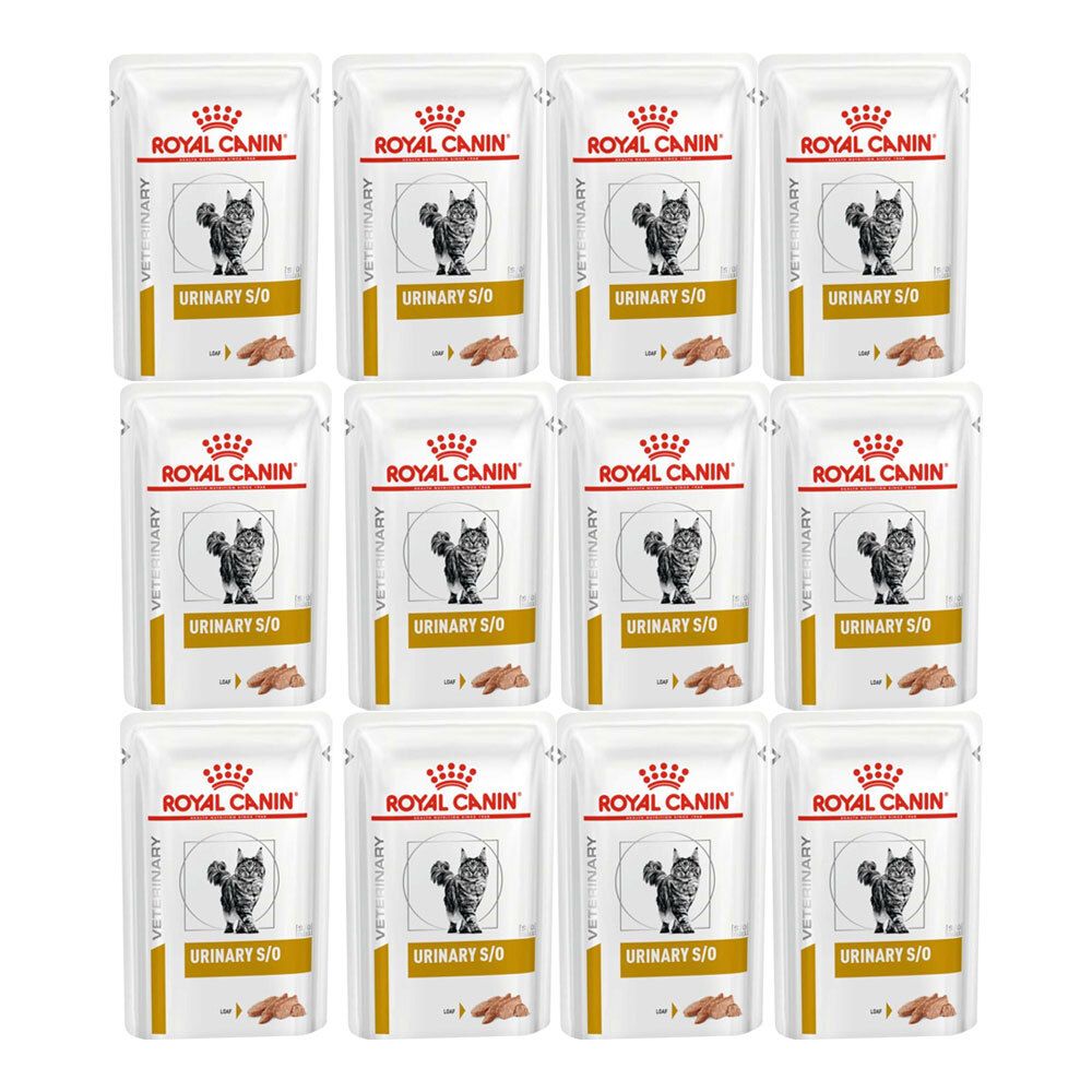 Meerdere zakjes ROYAL CANIN Veterinary Urinary S/O Mousse. Afdrukken: logo, kat, tekst.