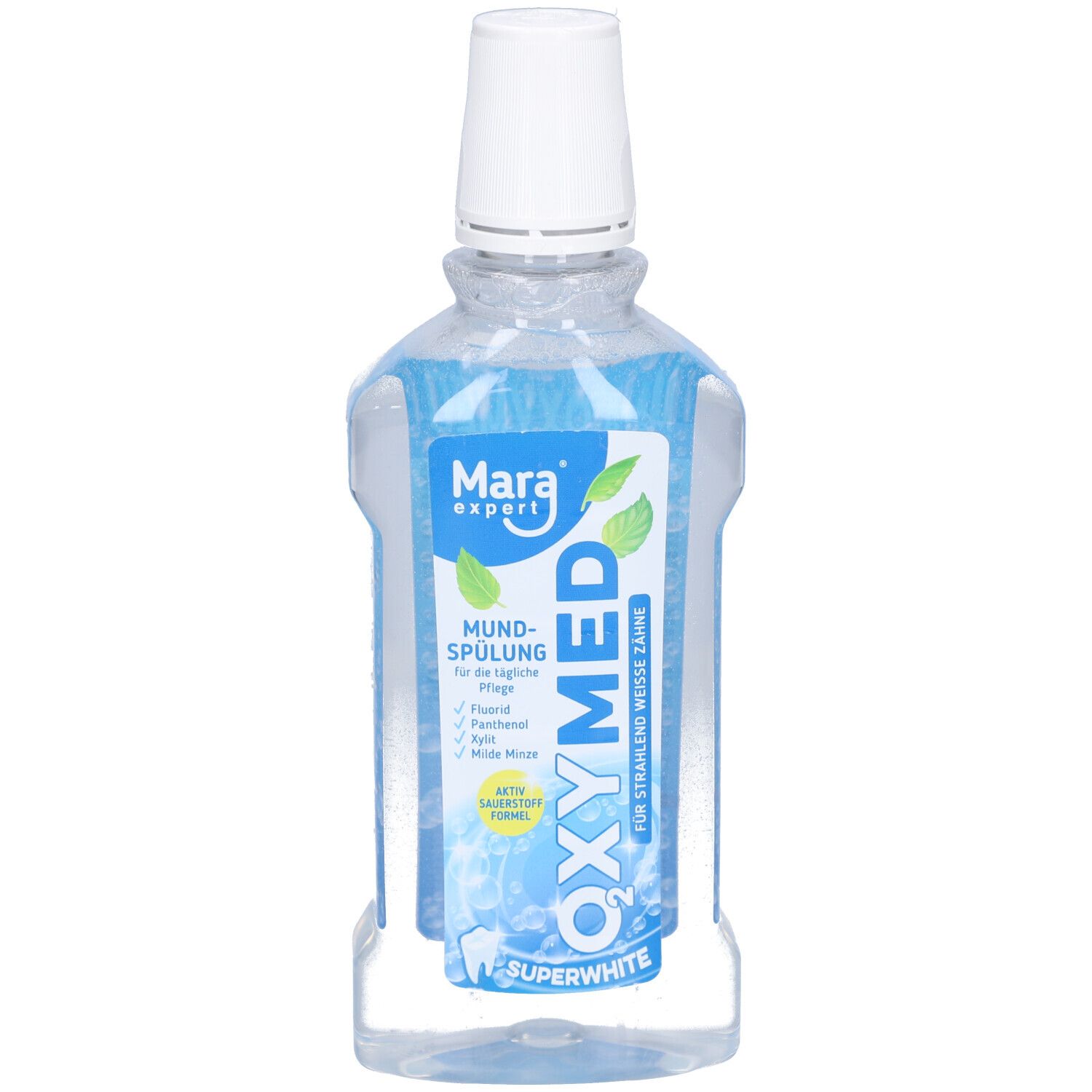 OXYMED mondspoeling. Transparante fles met blauwe inhoud. Witte dop. Blauwe en groene etiketten met tekst. Zichtbaar merk: Mara expert.