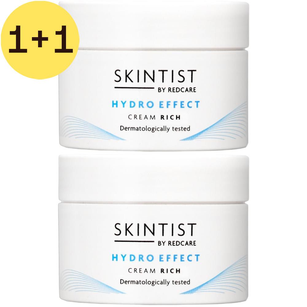 Twee witte potten SKINTIST HYDRO EFFECT Cream Rich met gele 1+1 sticker.