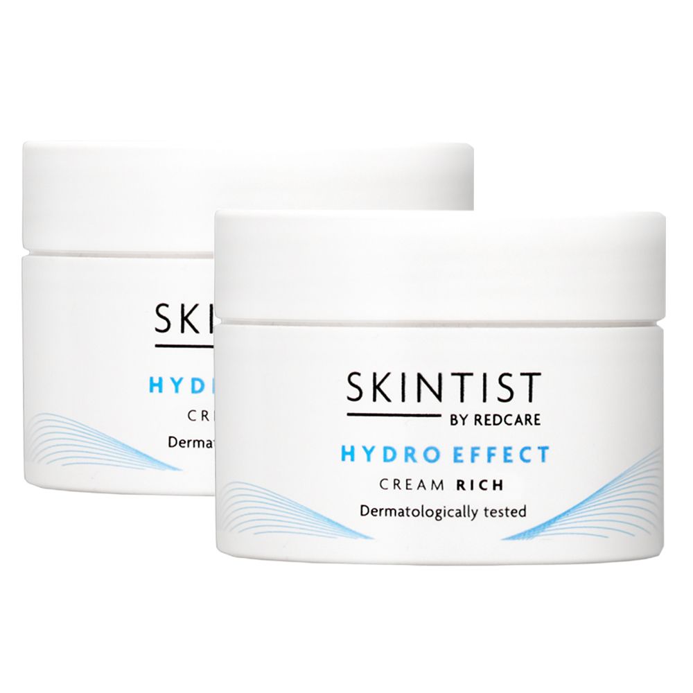 Twee witte potten SKINTIST HYDRO EFFECT Cream Rich. Opschrift: Dermatologisch getest.