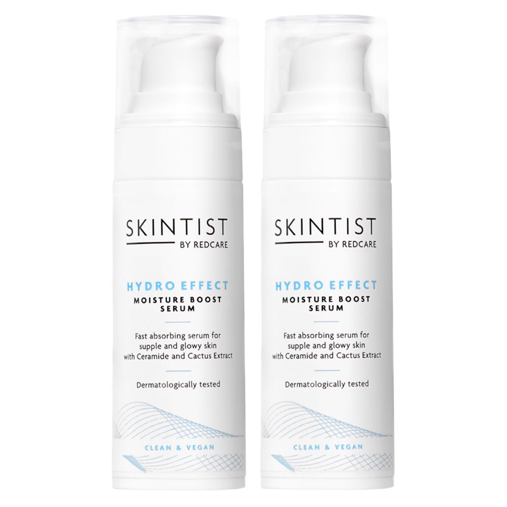 Deux flacons blancs avec pompe. Inscription: SKINTIST HYDRO EFFECT MOISTURE BOOST SERUM.