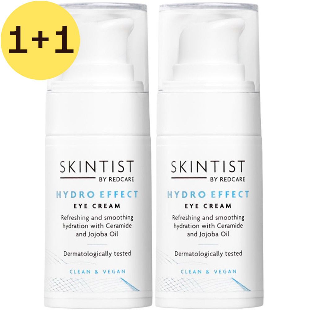 Twee witte flessen SKINTIST HYDRO EFFECT oogcrème. Met dop en pomp. Tekst: HYDRO EFFECT EYE CREAM.