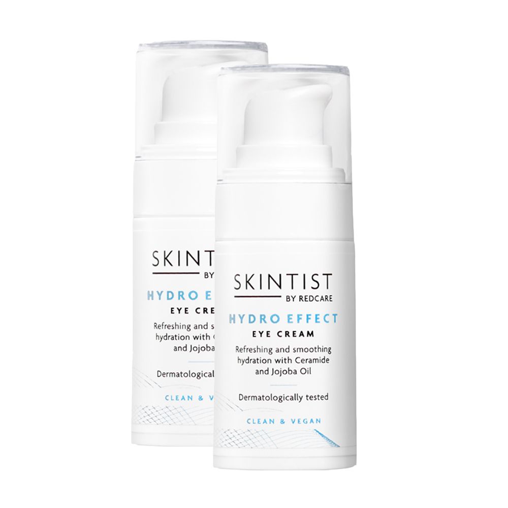 Deux flacons blancs de crème pour les yeux SKINTIST HYDRO EFFECT. Inscription : Rafraîchissant et lissant avec céramide et huile de jojoba.