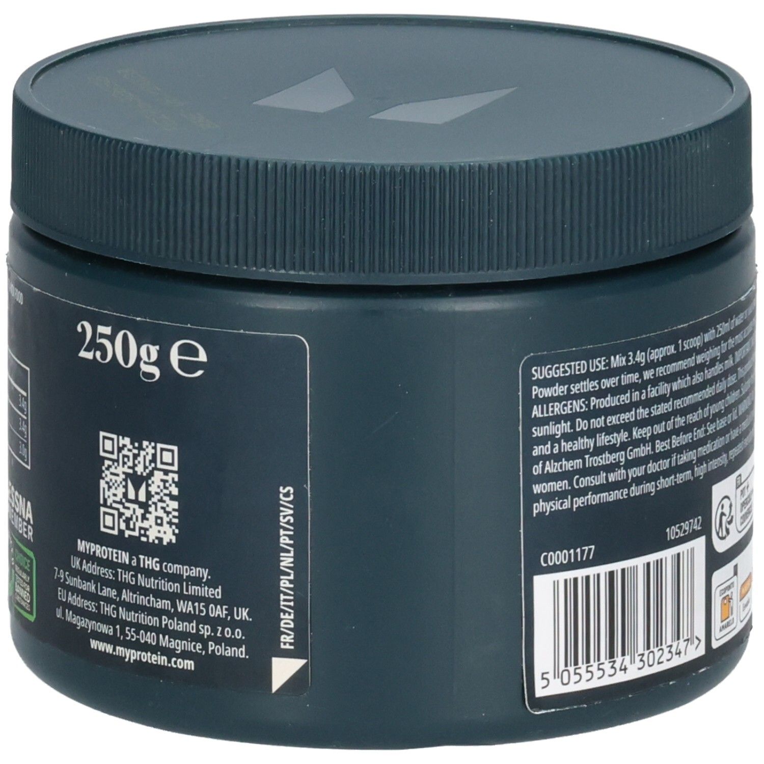 Pot met deksel. Opschrift: 250g. QR-code. Myprotein-logo en adres. Streepjescode en batchnummer.