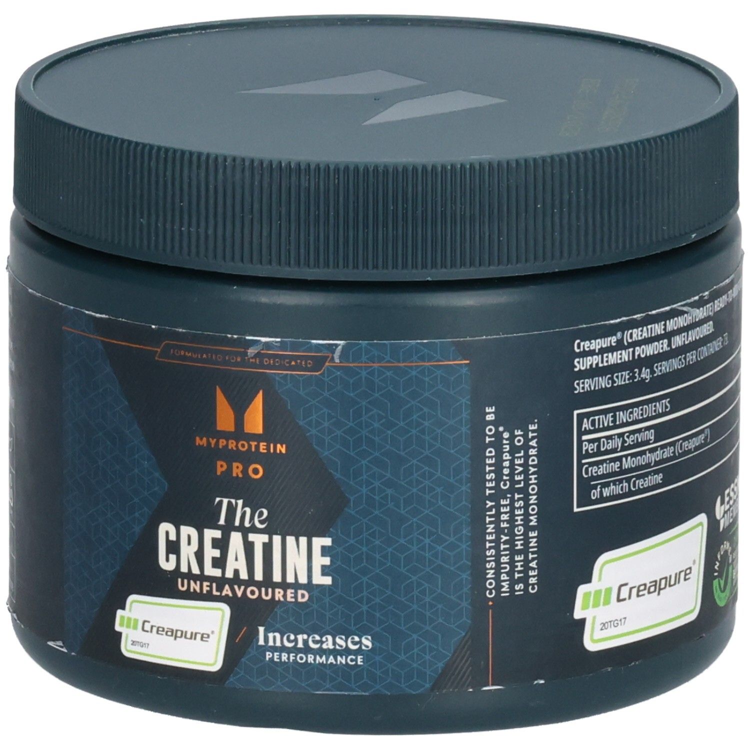 Donkergroene pot met deksel. Opschrift: Myprotein Pro, The Creatine Unflavoured. Creapure-logo. Verhoogt de prestaties.