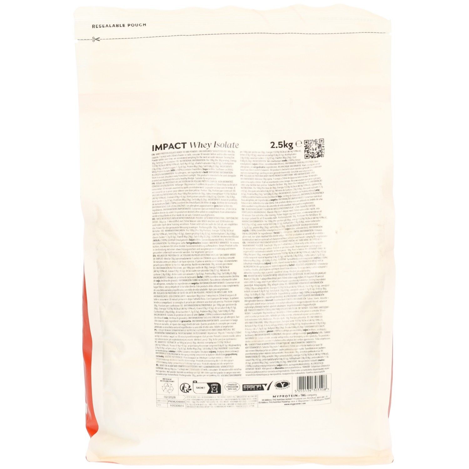Achterkant van een MyProtein Impact Whey Isolate zak, 2.5kg. Bevat gedetailleerde voedingsinformatie en ingrediënten.