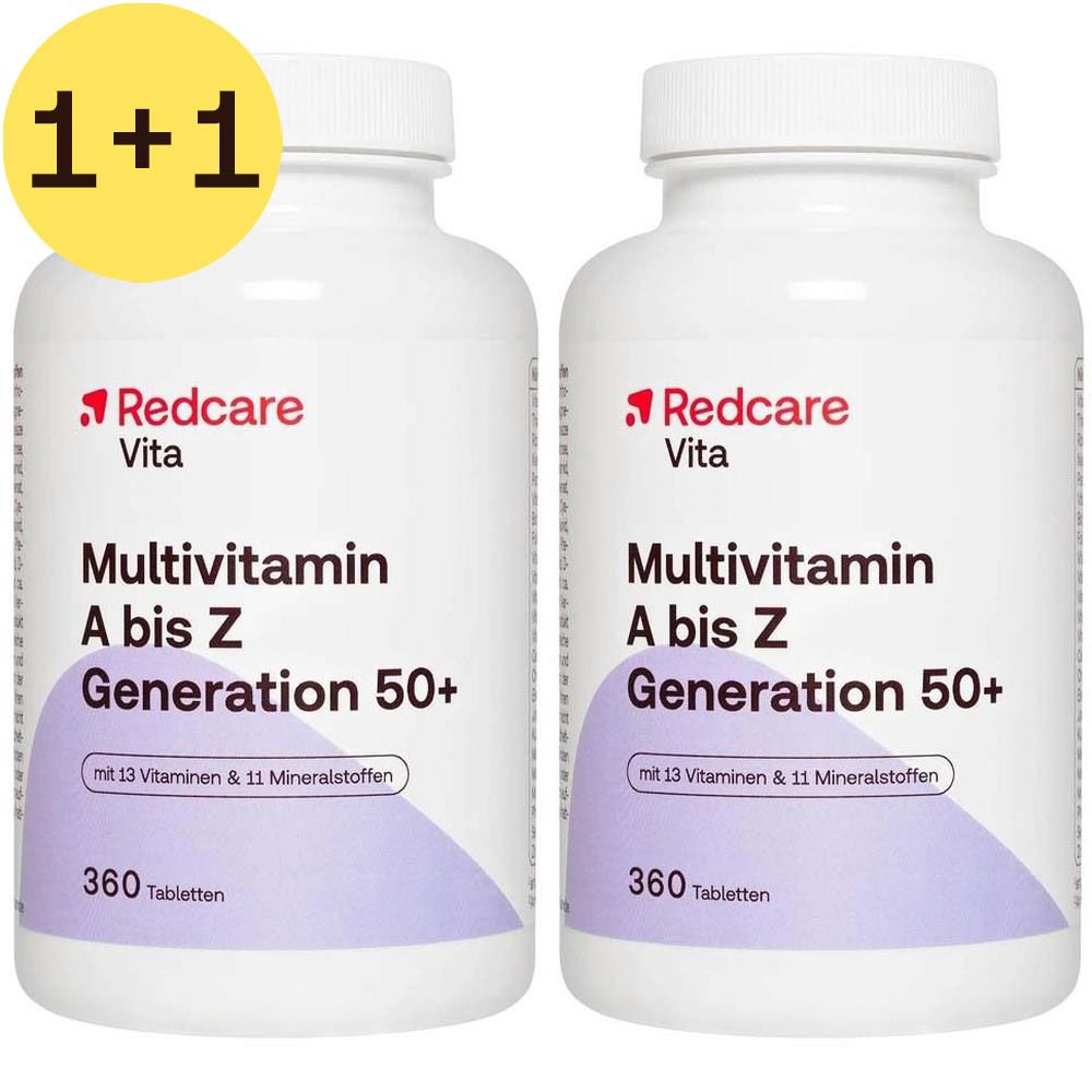 Deux flacons de Redcare Multivitamin A bis Z 50+. 360 comprimés. Autocollant jaune : 1+1.
