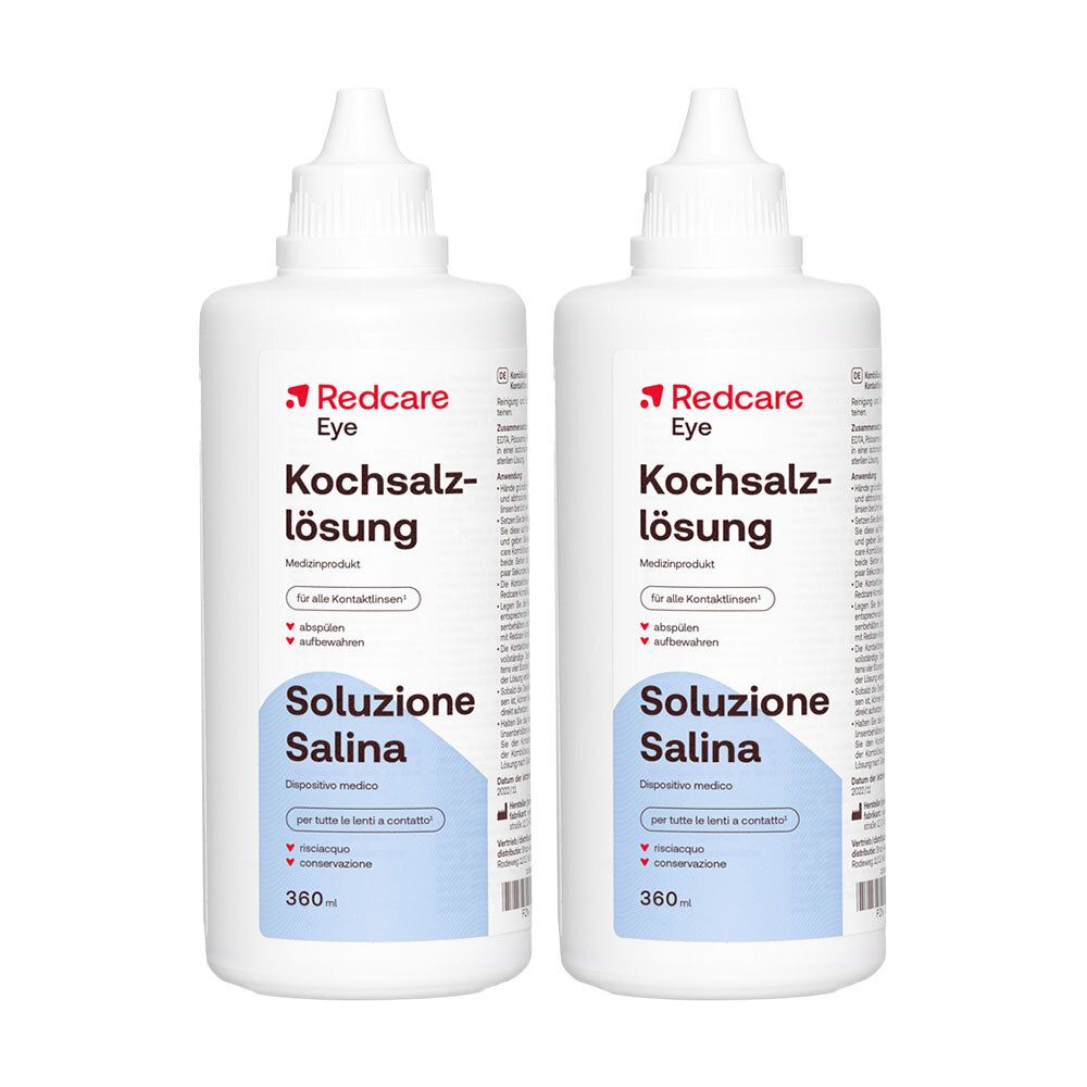 Deux flacons de solution saline Redcare Eye, 360ml chacun.