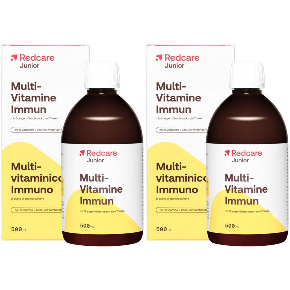 Deux bouteilles et deux boîtes de Redcare Junior Multi-Vitamine Immun. Bouteilles avec bouchon blanc, boîtes avec bande jaune.