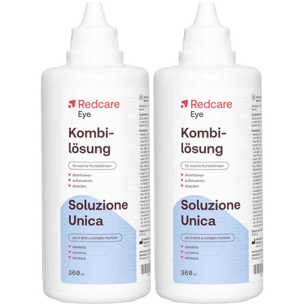 Deux flacons de solution combinée Redcare Eye, 360ml chacun.