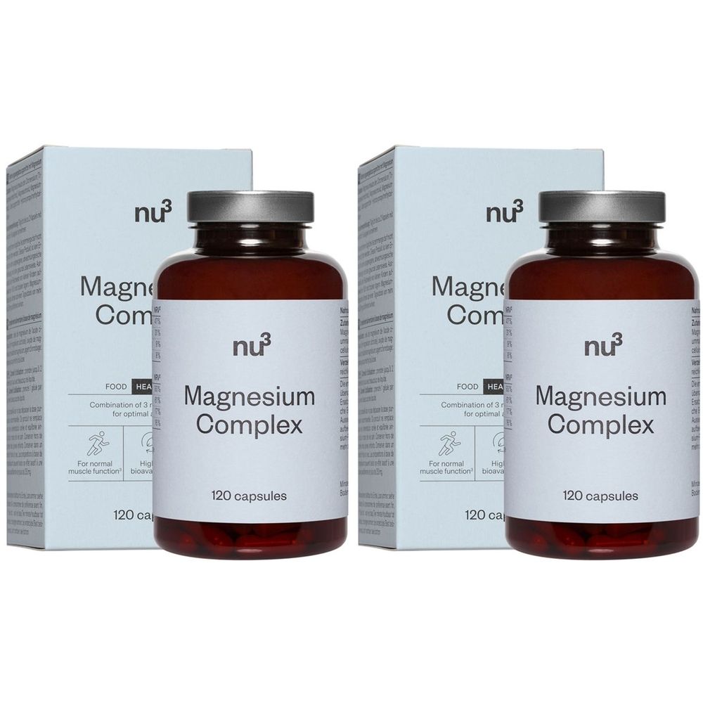 Deux flacons et deux boîtes avec l'inscription "nu3 Magnesium Komplex". Chaque flacon porte la mention "120 capsules".