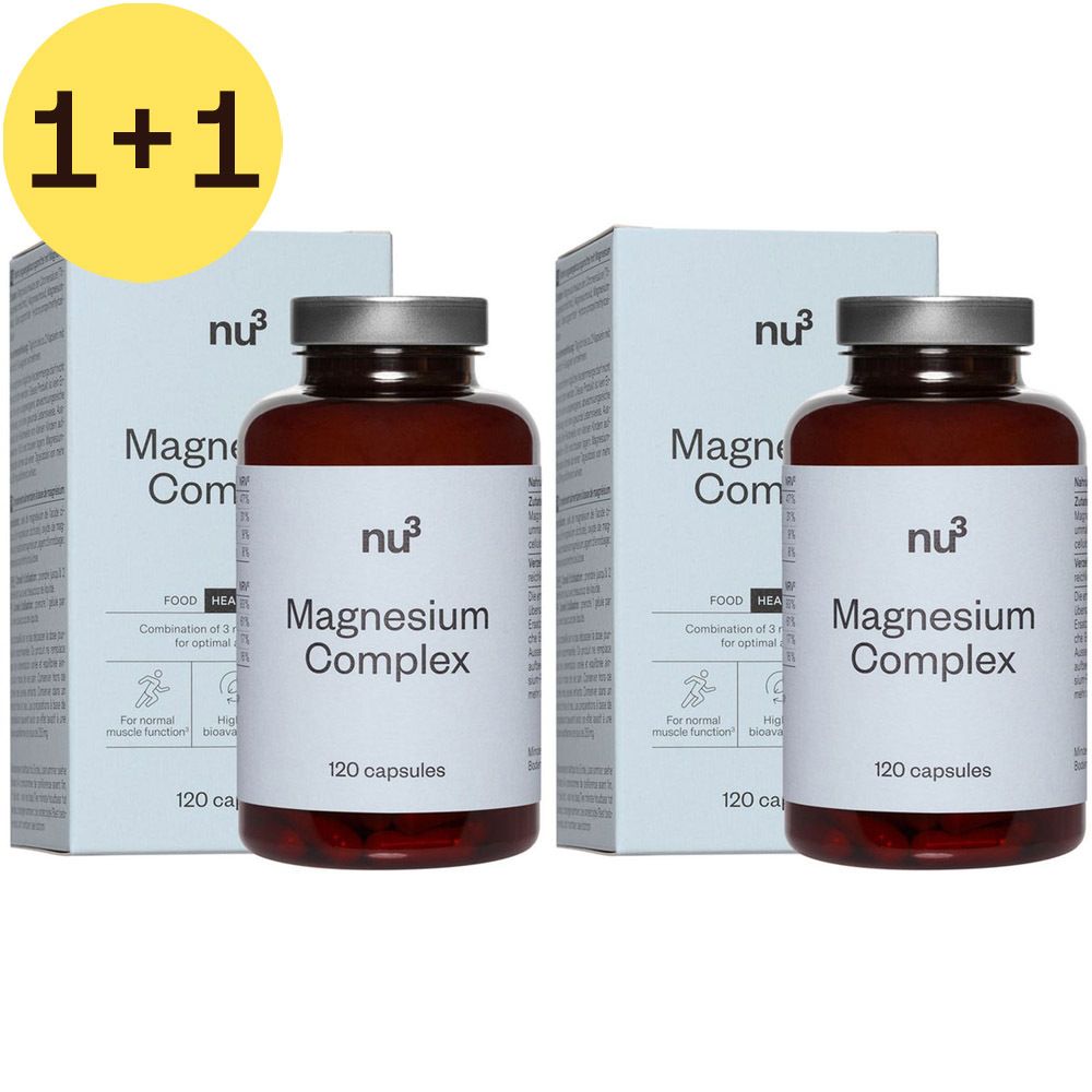 Twee flessen en twee dozen met de tekst "nu3 Magnesium Komplex". Op elke fles staat "120 capsules".