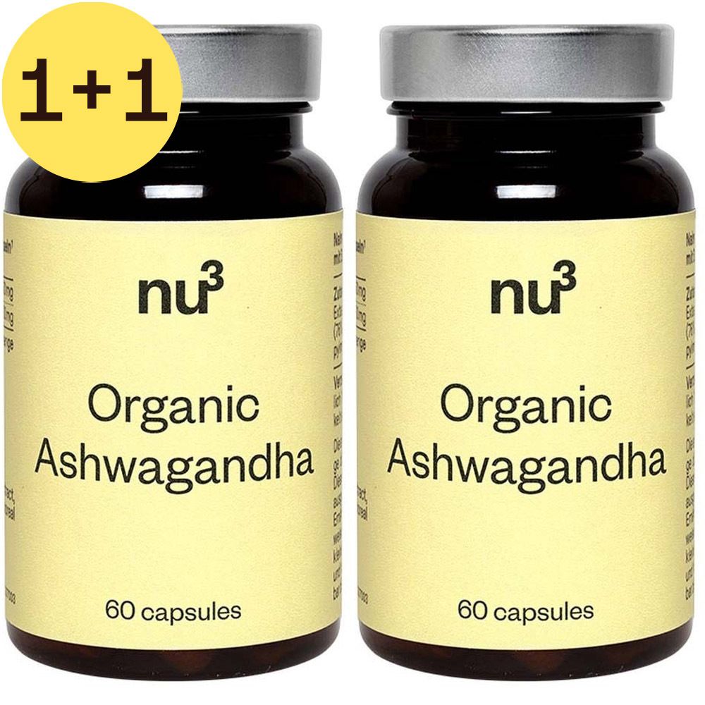 Twee bruine glazen flessen met gele etiketten. Opschrift: nu3 Organic Ashwagandha, 60 capsules.