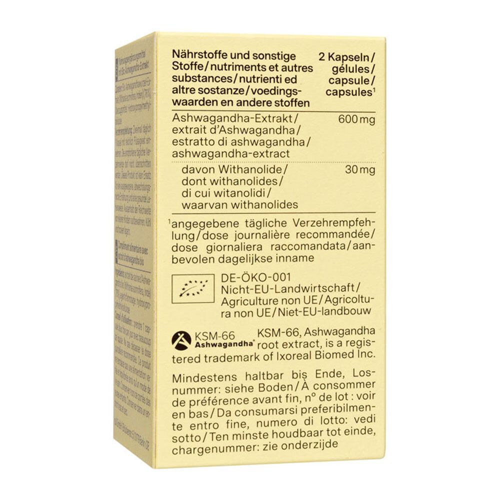 Achterkant van de verpakking van nu3 Organic Ashwagandha. Bevat voedingsinformatie en certificeringen.