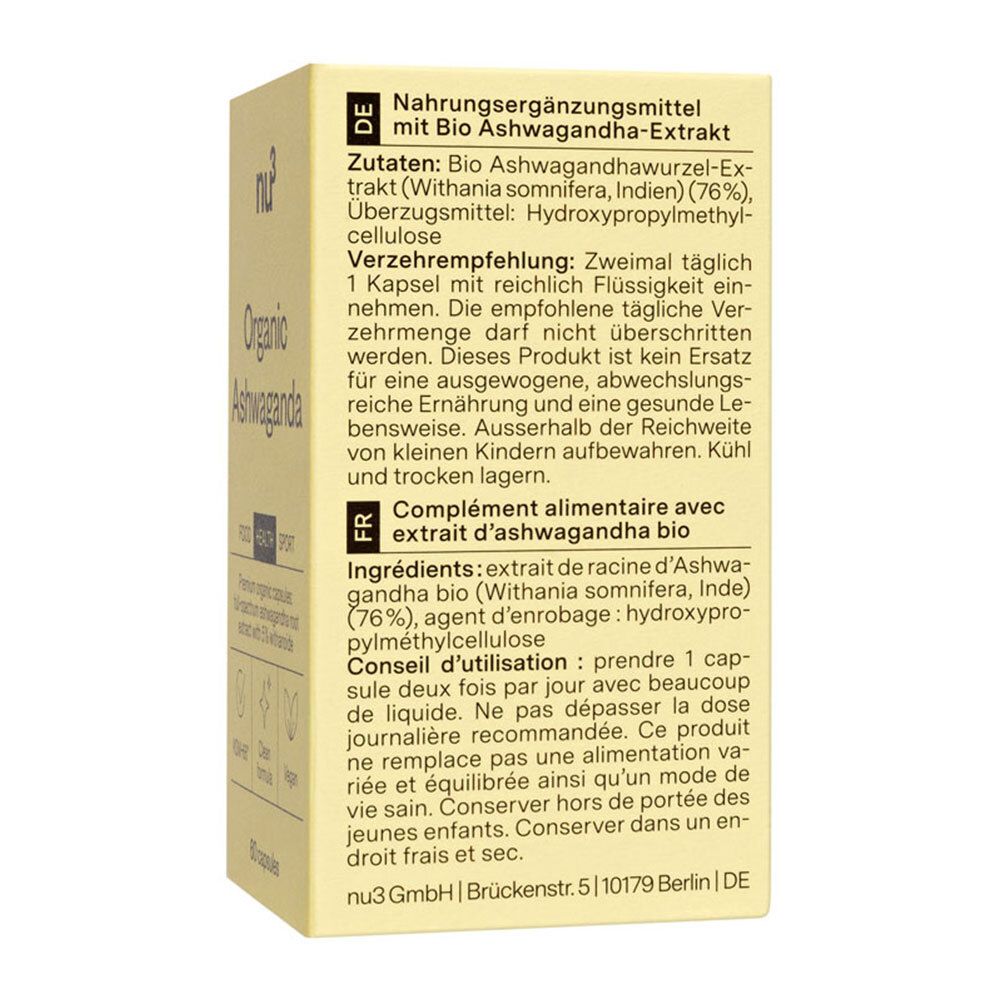 Verpakking van nu3 Organic Ashwagandha. Bevat informatie over ingrediënten en gebruik.