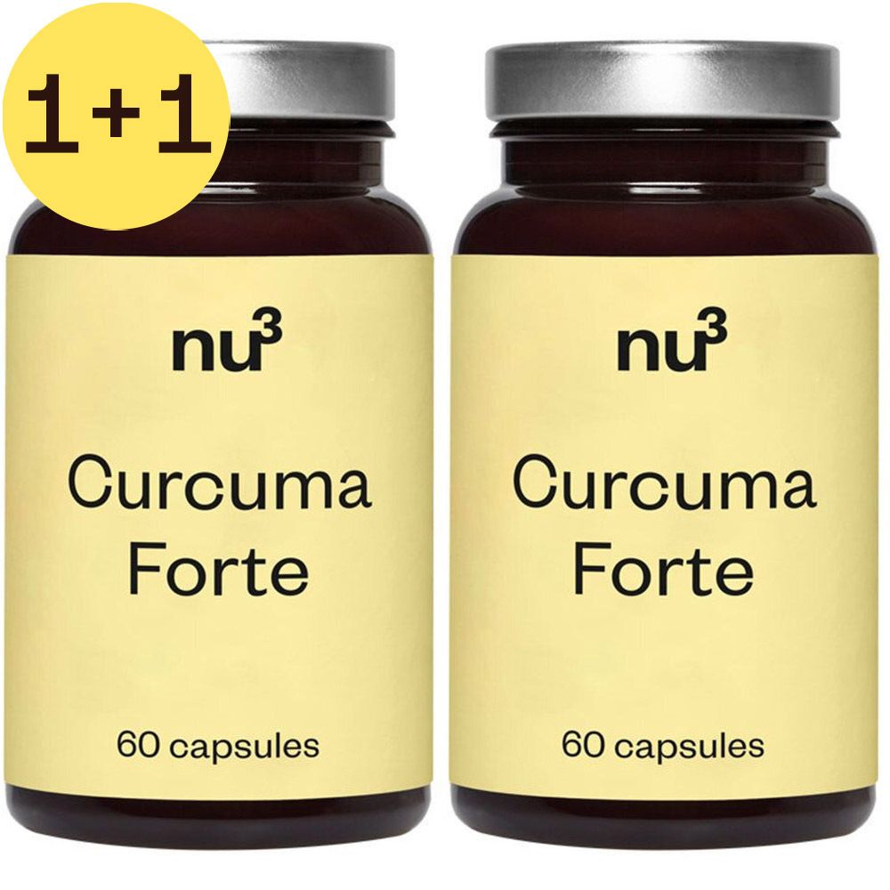 Twee flessen met gele etiketten. Opschrift: nu3 Curcuma Forte, 60 capsules. 1+1 aanbieding.