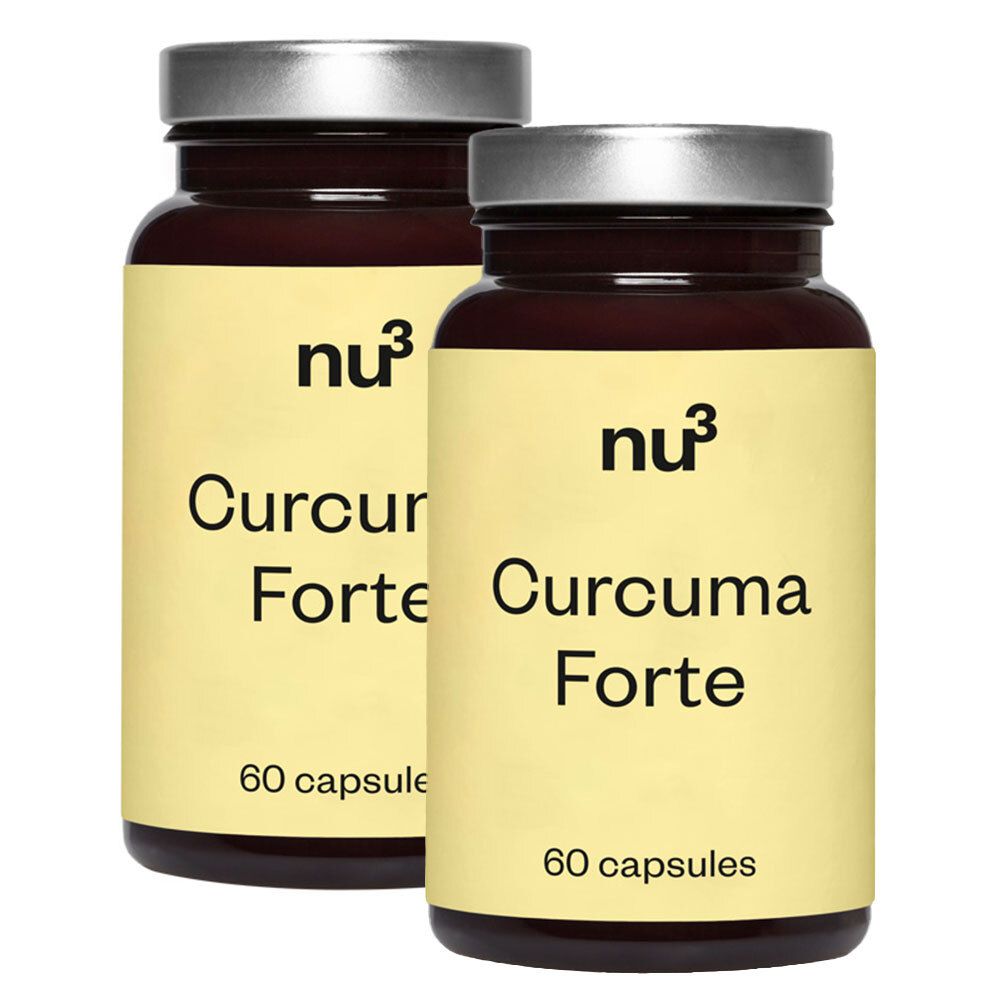 Twee bruine flessen met gele etiketten. Opschrift: nu3 Curcuma Forte, 60 capsules.
