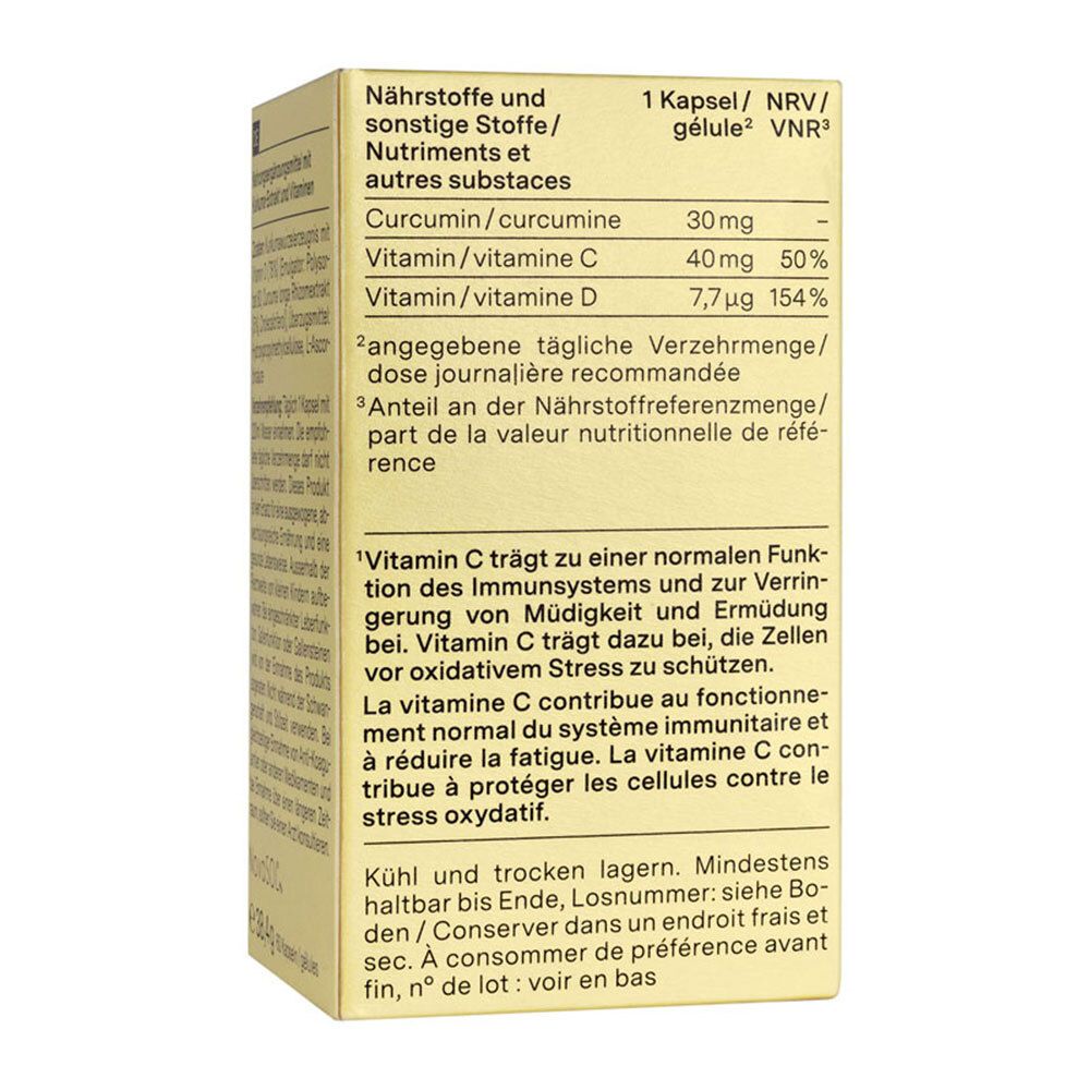 Verpakking met voedingswaarde-informatie. Bevat curcumine, vitamine C en D. Tekst in het Duits en Frans.