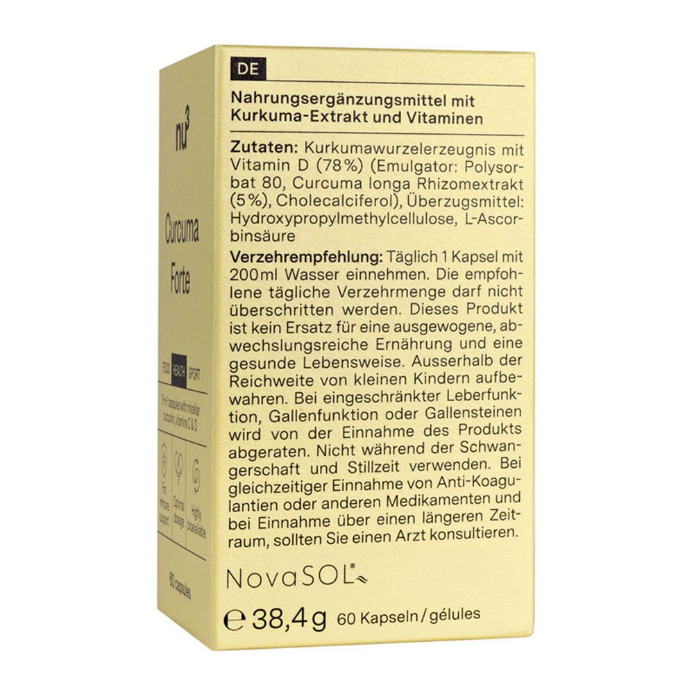 Verpakking met ingrediënten en gebruiksaanbevelingen. Bevat kurkuma-extract en vitamines. Tekst in het Duits.