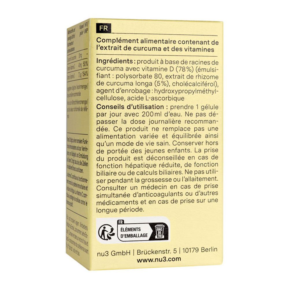 Verpakking met ingrediënten en gebruiksaanwijzingen. Bevat kurkuma-extract en vitamines. Tekst in het Frans.