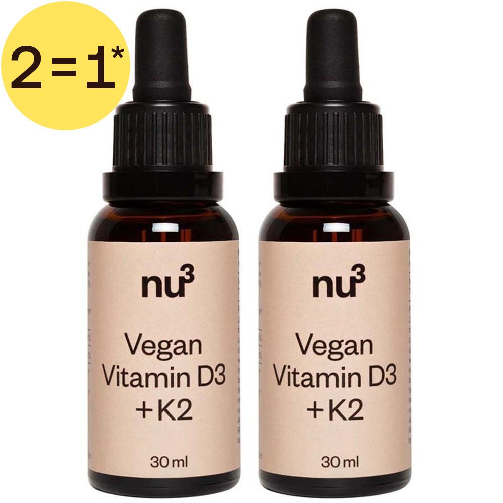 Deux flacons de nu3 Vegan Vitamine D3 + K2, 30 ml chacun, avec bouchon compte-gouttes.