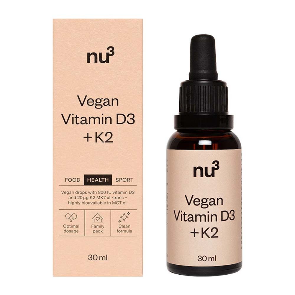 Eén flacon nu3 Vegan Vitamine D3 + K2 (30 ml) naast de productverpakking.
