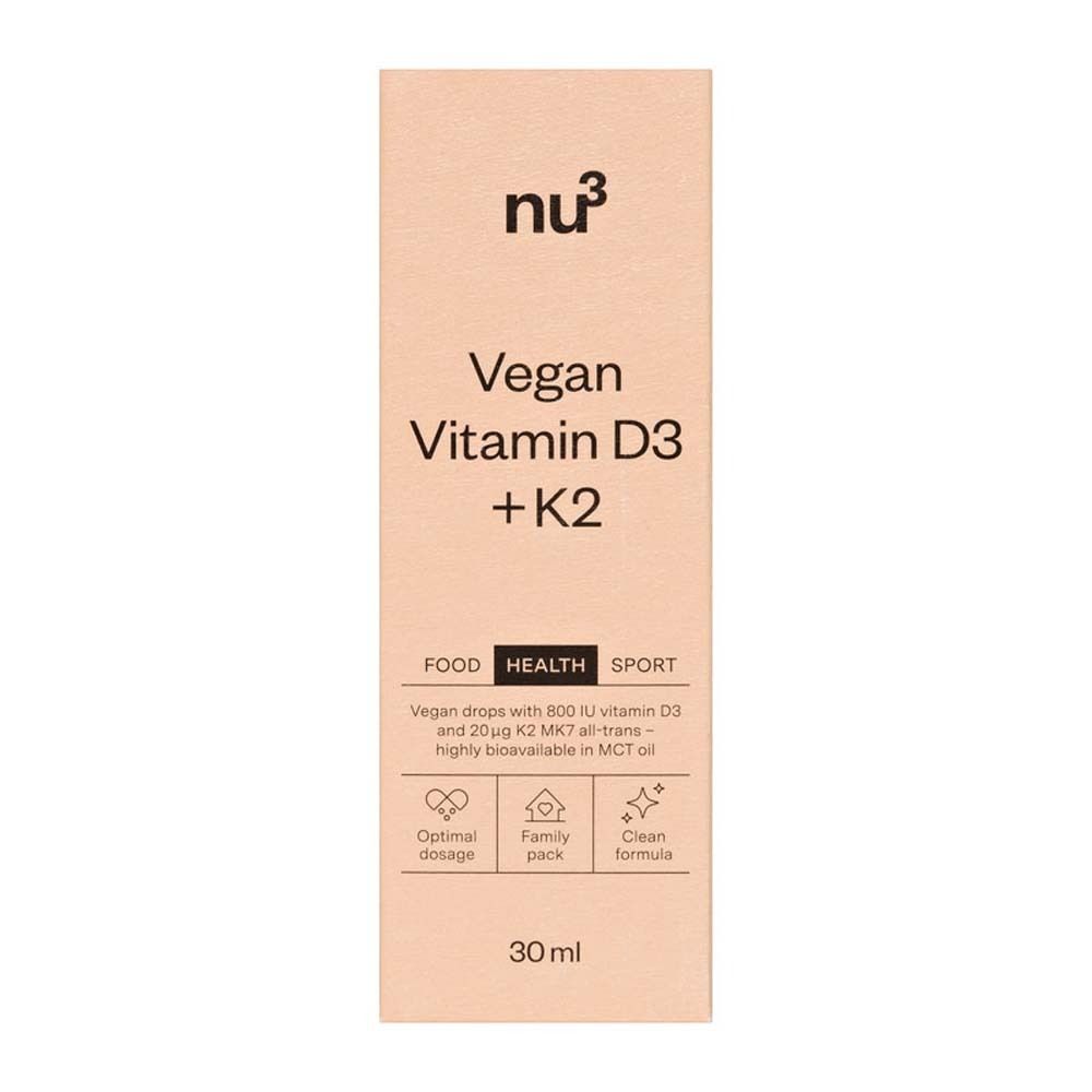 Verpakking van nu3 Vegan Vitamine D3 + K2 met productinformatie en doseringsdetails.