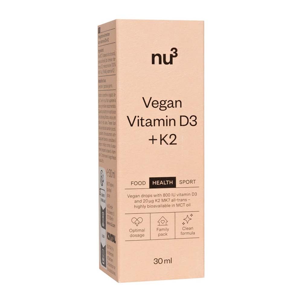 Achterkant van de verpakking nu3 Vegan Vitamine D3 + K2 met gedetailleerde ingrediënten en gebruiksaanwijzing.