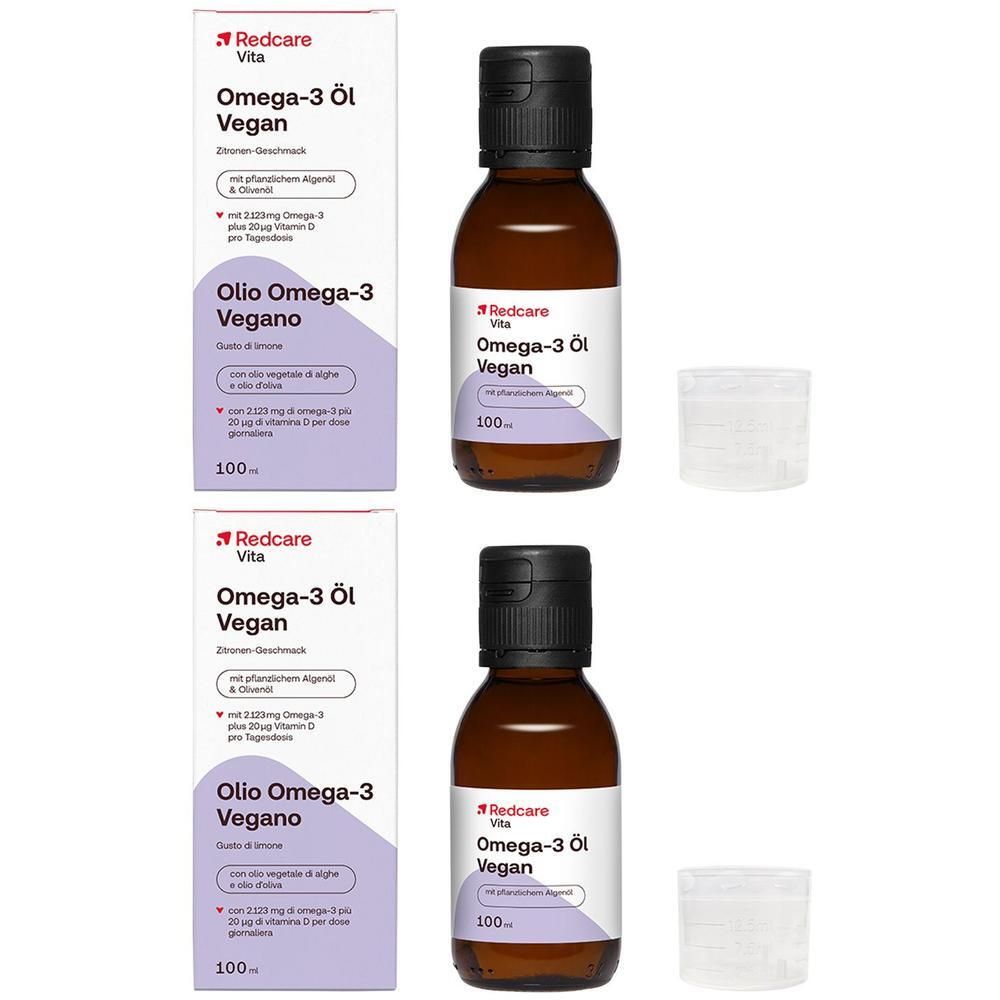 Twee flessen Redcare Vita Omega-3 Olie Vegan (100ml) en twee dozen.