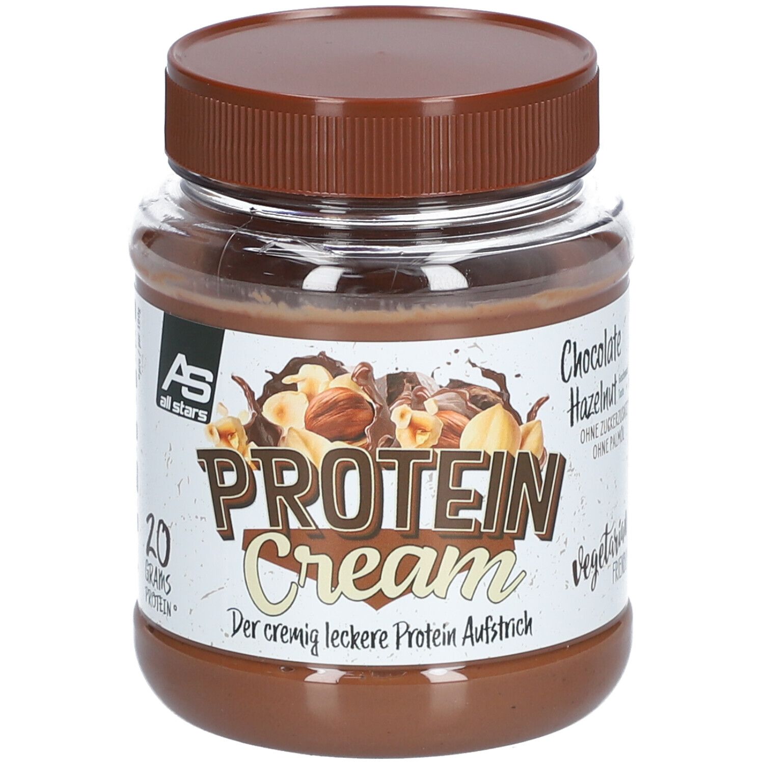 Pot AS all stars PROTEIN Cream. Opschrift: PROTEIN Cream, chocolade-hazelnoot. 20g eiwit. Bruine deksel.