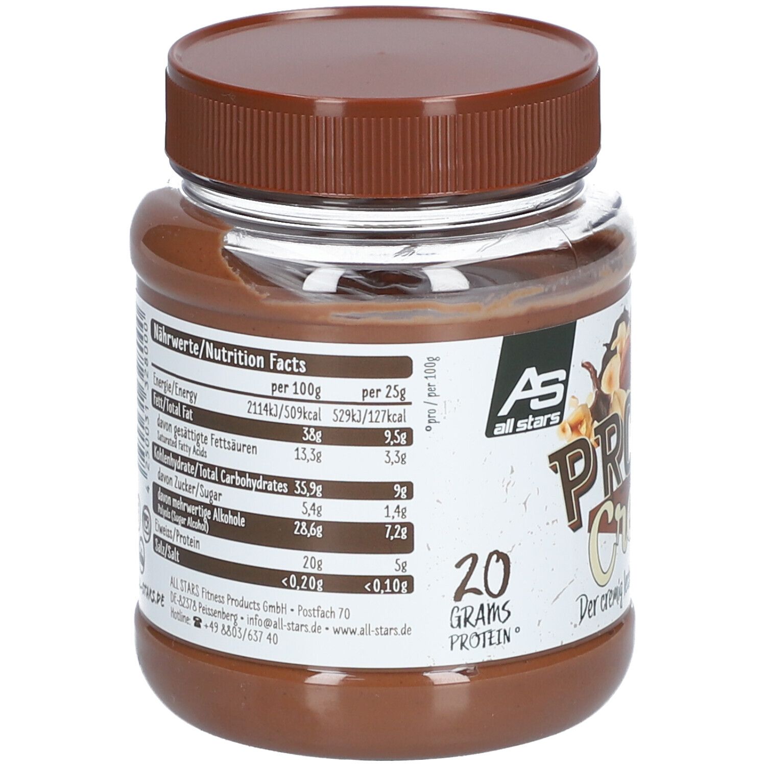 Achterkant pot AS all stars PROTEIN Cream. Voedingswaarde. 20g eiwit. AS all stars logo.