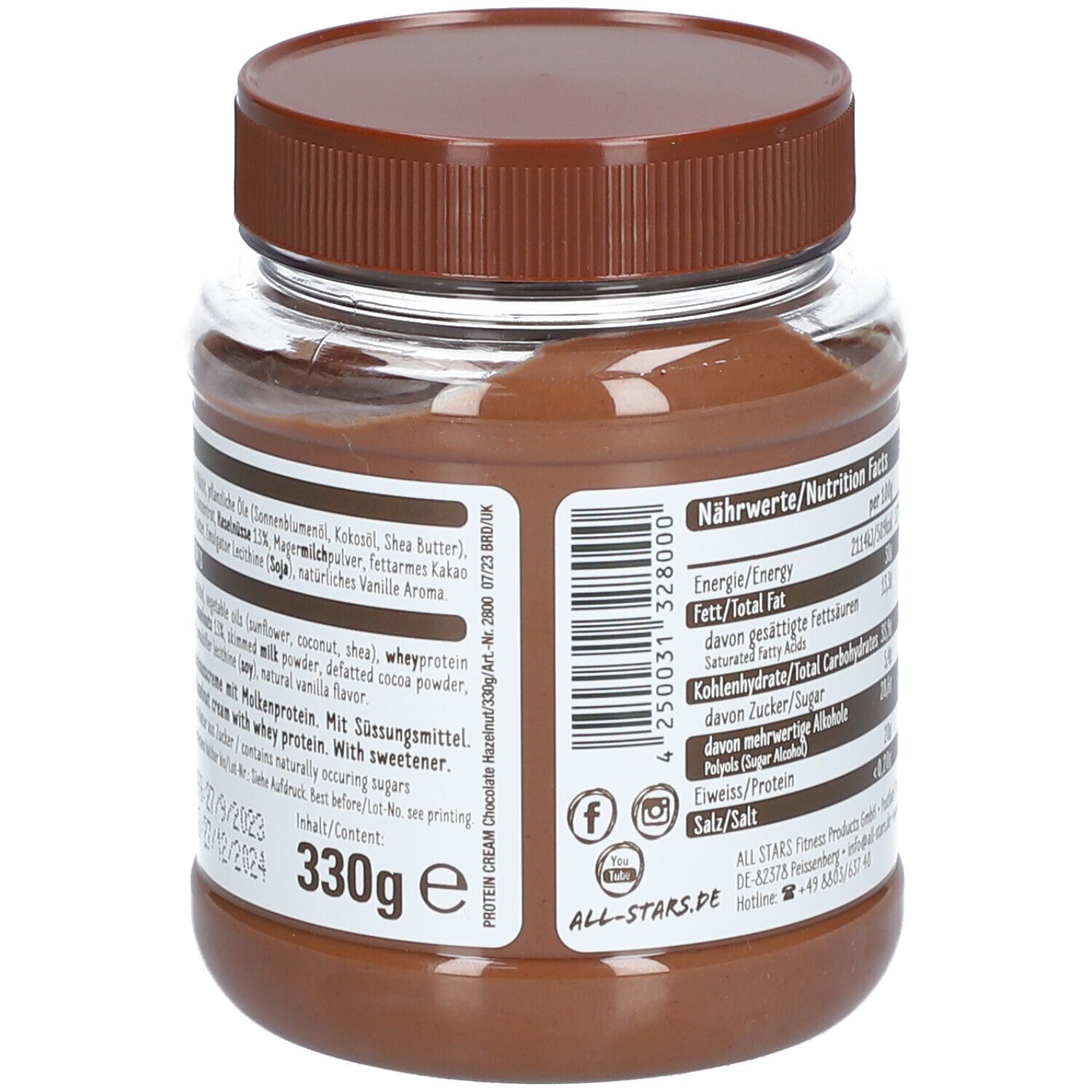 Achterkant pot AS all stars PROTEIN Cream. Ingrediëntenlijst, 330g, houdbaarheidsdatum. AS all stars logo.