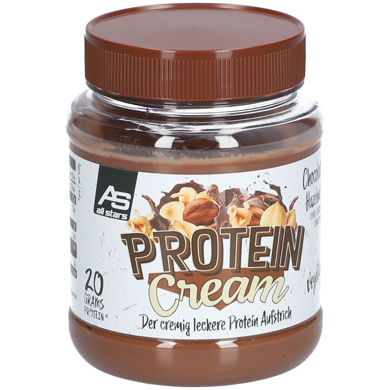 Pot AS all stars PROTEIN Cream. Opschrift: PROTEIN Cream, chocolade-hazelnoot. 20g eiwit. Bruine deksel.