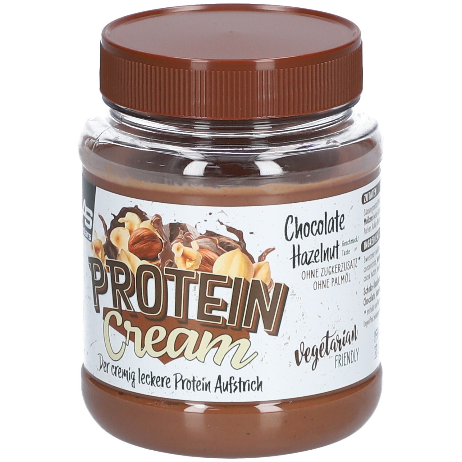 Pot AS all stars PROTEIN Cream. Opschrift: PROTEIN Cream, chocolade-hazelnoot, vegetarisch. Bruine deksel.