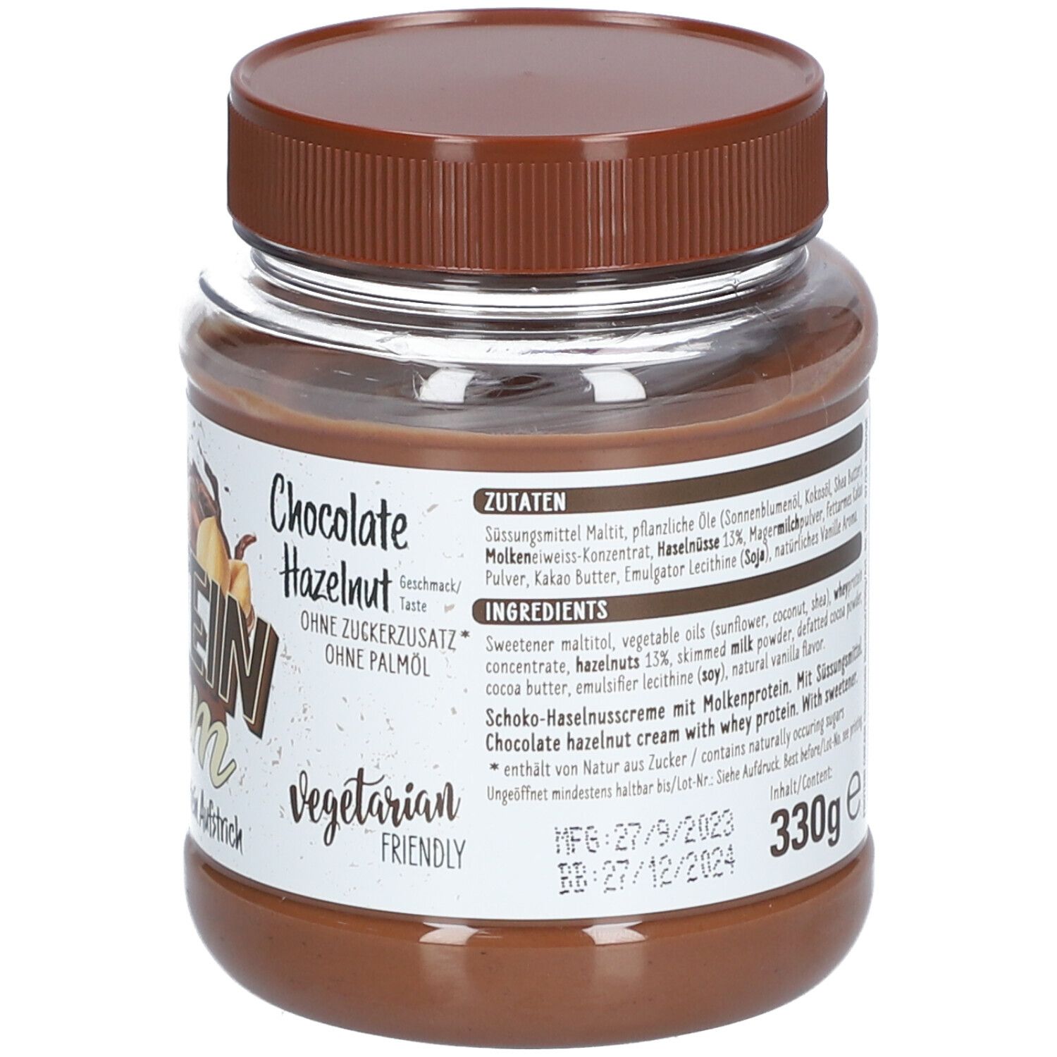 Achterkant pot AS all stars PROTEIN Cream. Ingrediëntenlijst, 330g, houdbaarheidsdatum. Vegetarisch.