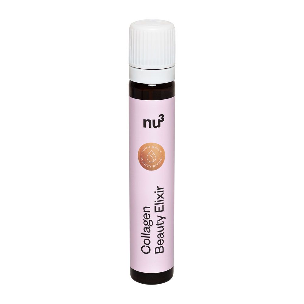 Ampul met witte sluiting. Opschrift: "nu3 Collagen Beauty Elixir".