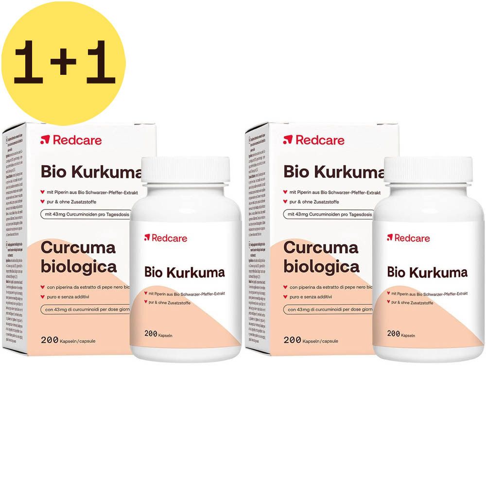 Twee dozen en twee flessen Redcare Bio Kurkuma. Opschrift: Bio Kurkuma. 1+1 aanbieding.