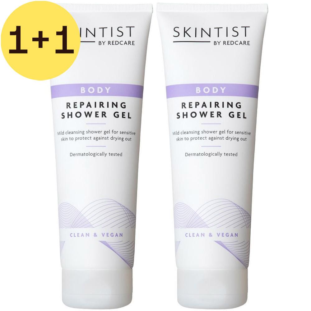 Deux tubes de gel douche réparateur SKINTIST Body. Offre 1+1. Blanc, accents violets, texte. Végétalien et testé dermatologiquement.
