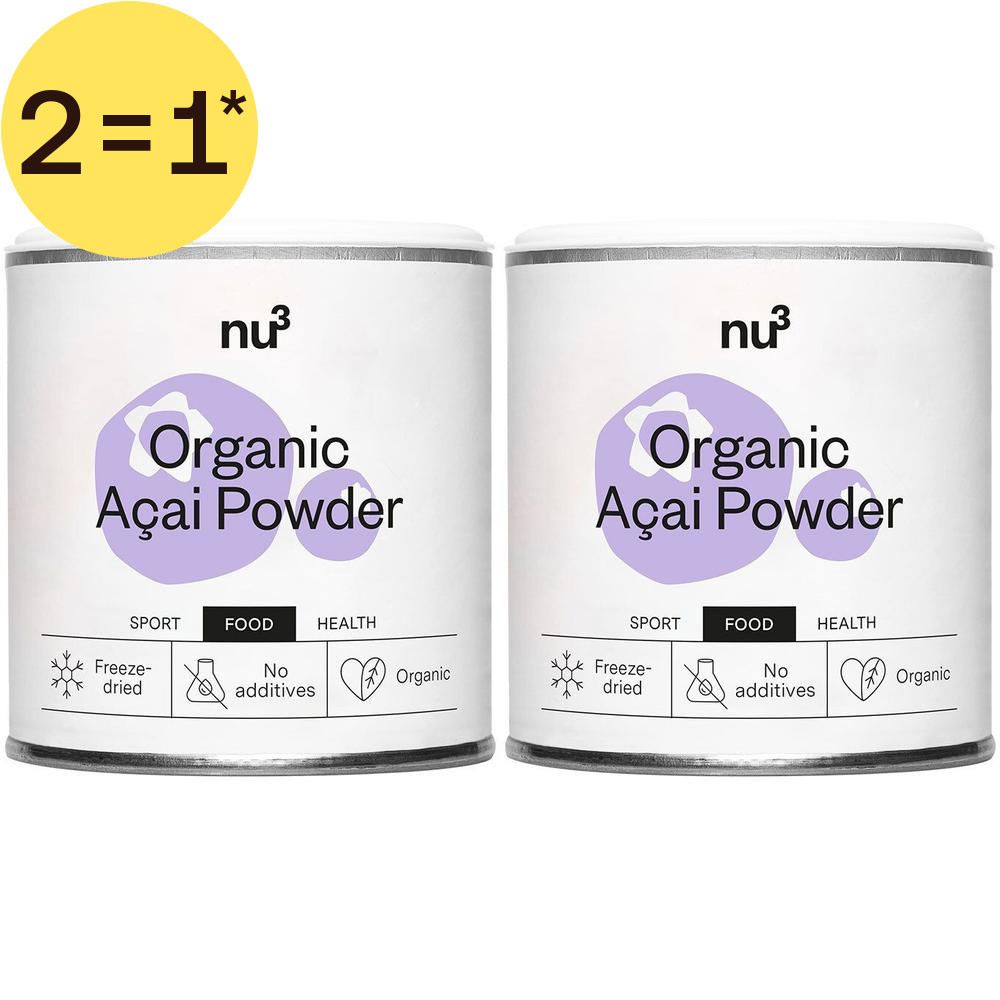Deux boîtes de poudre d'açaï bio nu3 avec inscriptions 'Freeze-dried', 'No additives', 'Organic'.