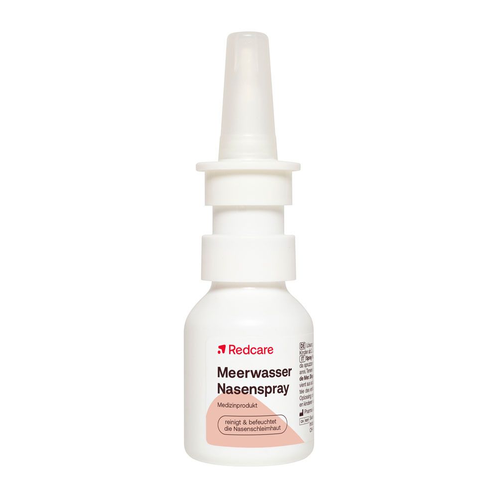 Un flacon de Redcare Spray Nasal à l'Eau de Mer avec applicateur.