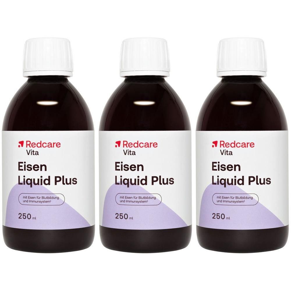 Trois bouteilles de Redcare Vita Eisen Liquid Plus, chacune de 250ml.