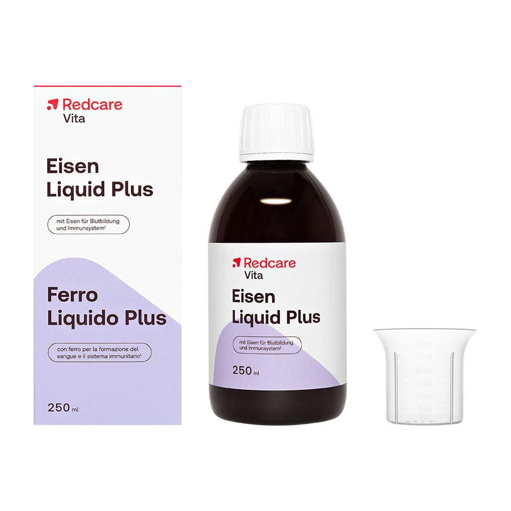 Fles Redcare Vita Eisen Liquid Plus 250ml met maatbeker en vouwdoos.