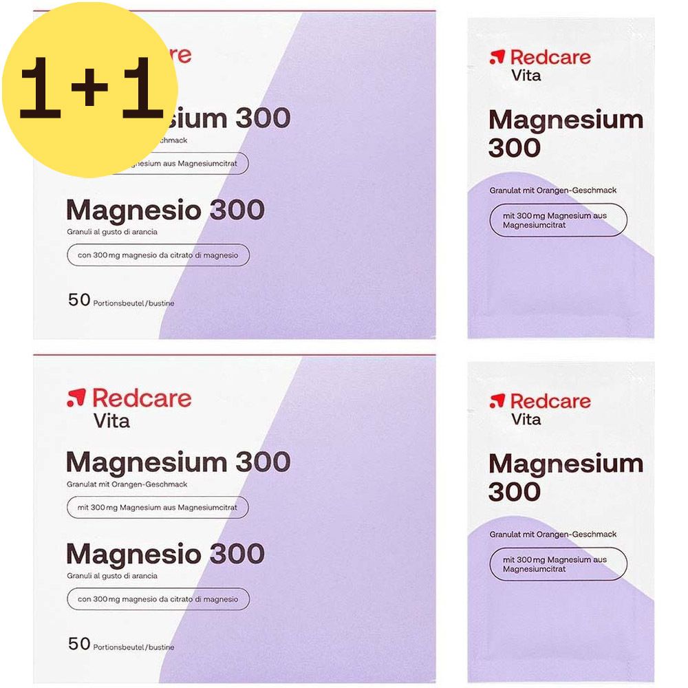 Plusieurs sachets de Redcare Magnesium 300. Offre 1+1. Emballage avec nom du produit et informations en allemand et italien.