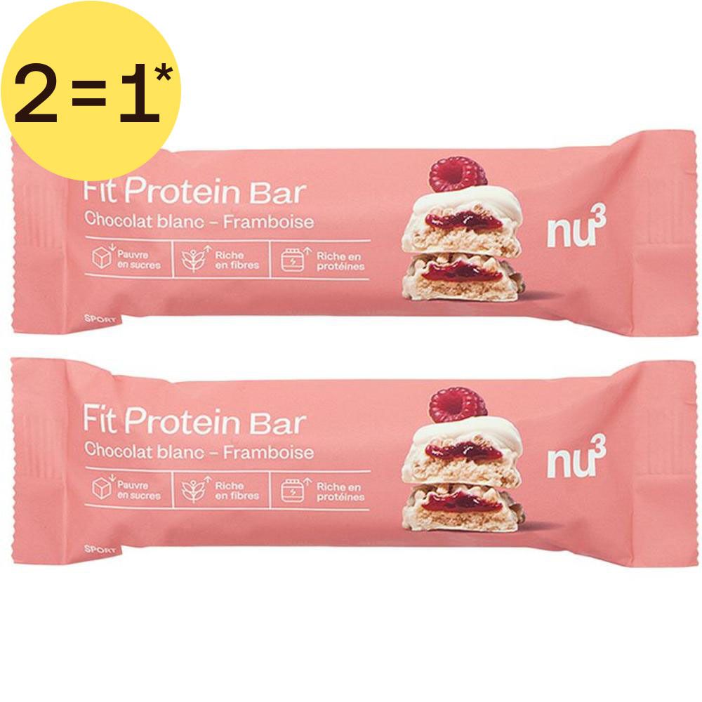 Twee nu3 FIT proteïnerepen in witte chocolade-frambozensmaak, individueel verpakt, met "2=1"-sticker.