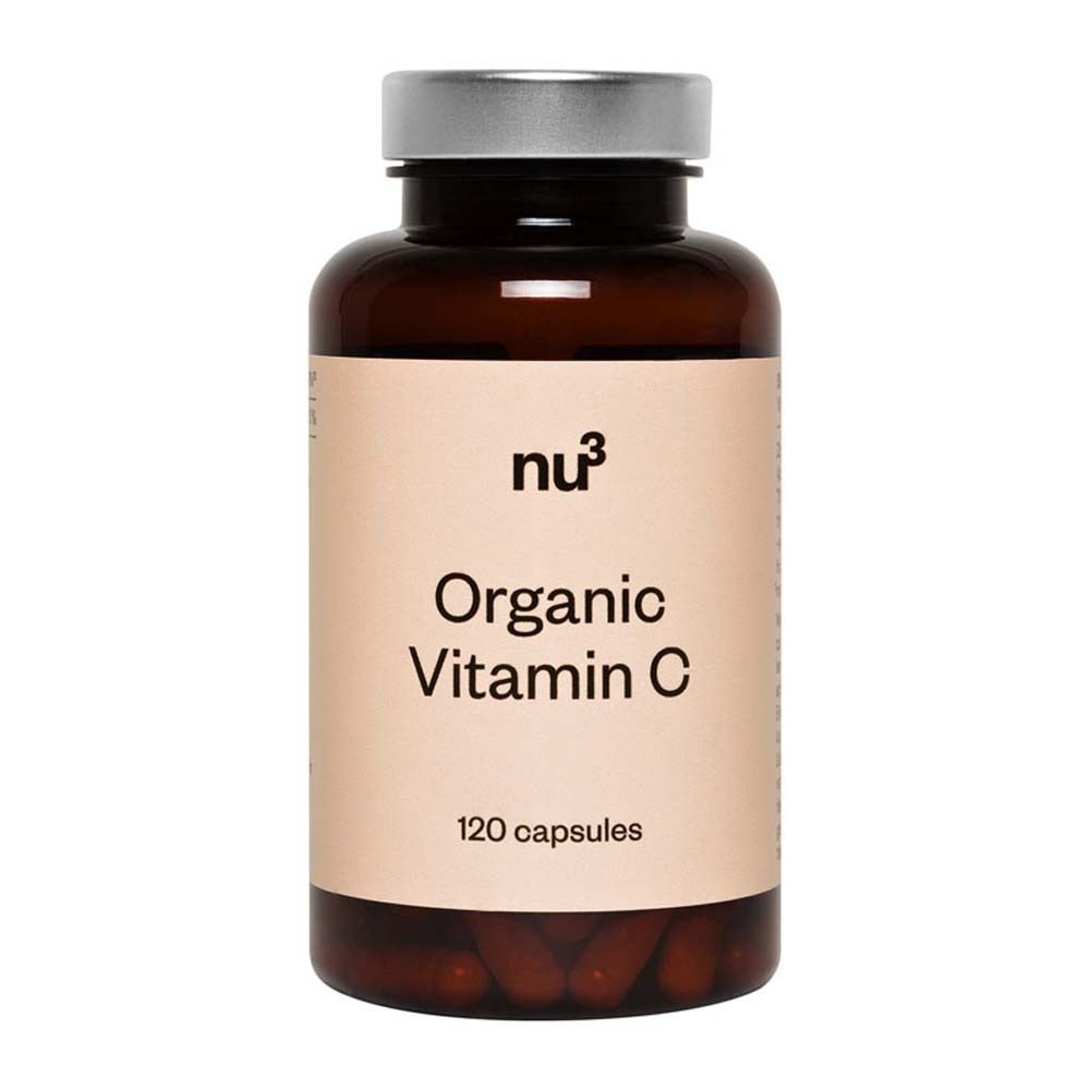 Bruine glazen fles met "nu3 Organic Vitamin C" capsules. 120 capsules. Zilveren deksel.