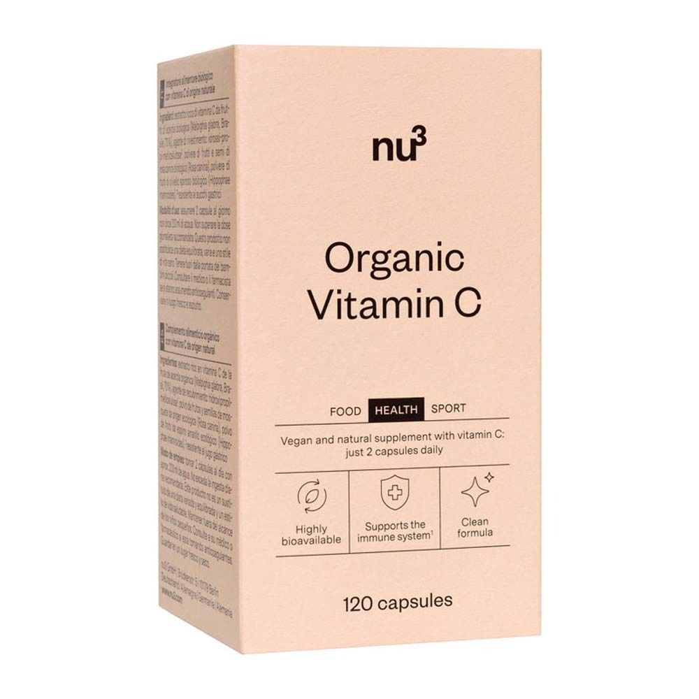 Beige doos met "nu3 Organic Vitamin C". 120 capsules. Logo's voor vegan, biobeschikbaar en immuunsysteem.