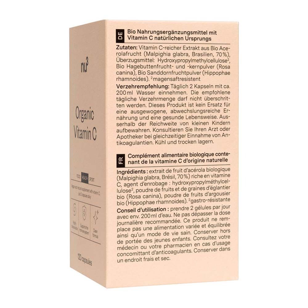 Achterkant van de "nu3 Organic Vitamin C" verpakking. Bevat informatie over ingrediënten en gebruik in het Duits en Frans.