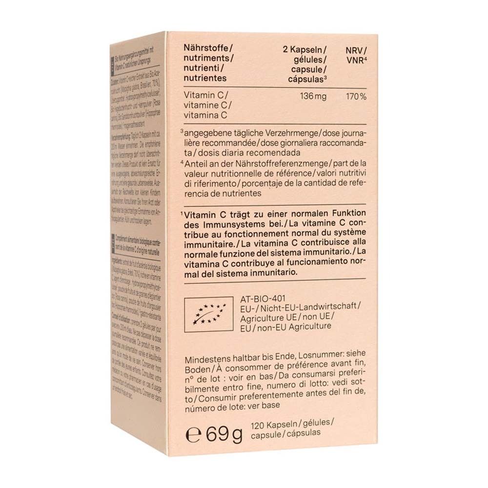 Achterkant van de "nu3 Organic Vitamin C" verpakking. Bevat voedingswaarde-informatie en biologische certificering.